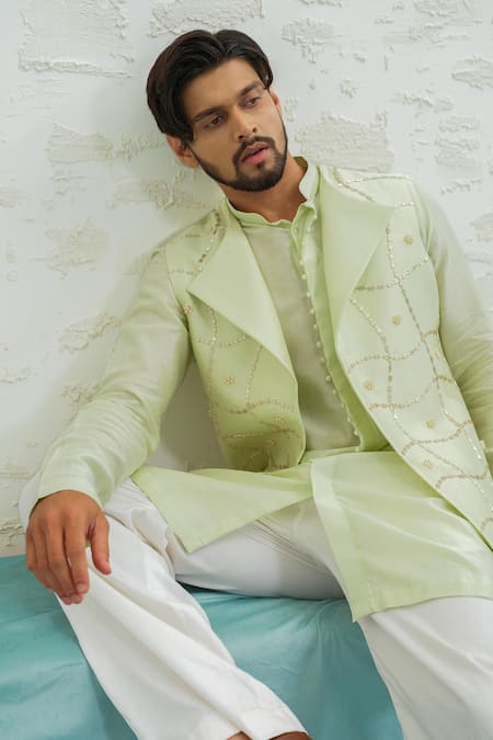 Buy Runit Gupta Green Chanderi , Vegan Embroidery, Pista Duo Flap Bundi And Kurta Set Buy_Runit Gupta_Green Chanderi , Vegan Embroidery, Pista Duo Flap Bundi And Kurta Set