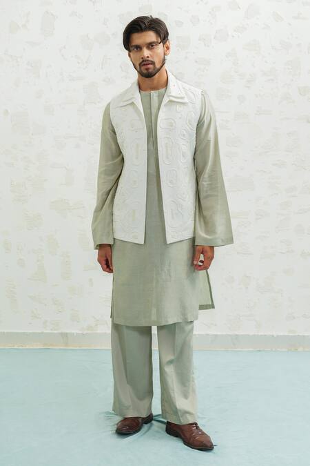 Runit Gupta_Ivory Linen, Cotton Embroidery Amoeba Bundi _Online_at_Aza_Fashions