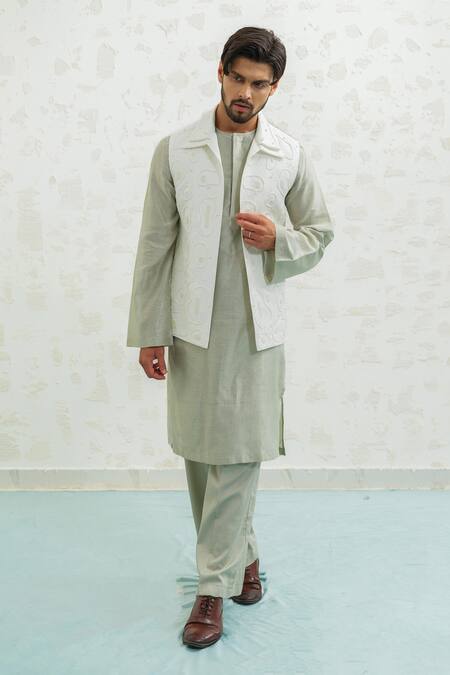 Buy_Runit Gupta_Ivory Linen, Cotton Embroidery Amoeba Bundi _Online_at_Aza_Fashions