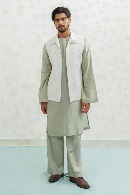 Runit Gupta Ivory Chanderi , Vegan Embroidery Amoeba Linen Bundi And Kurta Set 