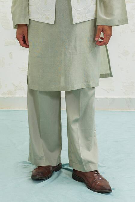 Buy_Runit Gupta_Ivory Chanderi , Vegan Embroidery Amoeba Linen Bundi And Kurta Set _Online_at_Aza_Fashions