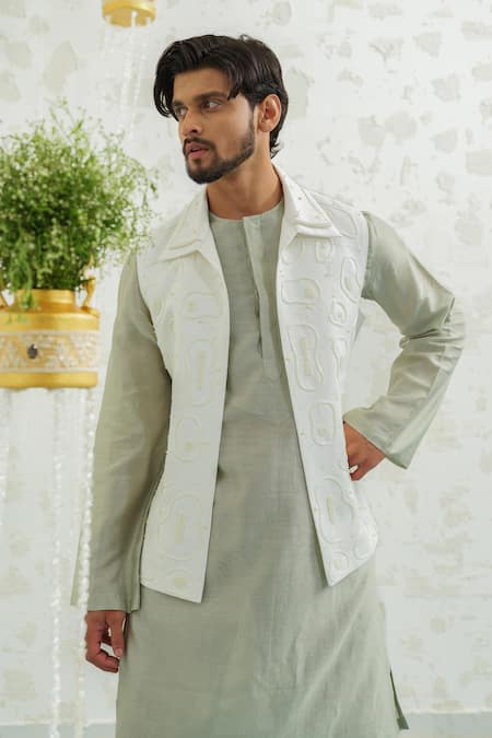 Runit Gupta_Ivory Chanderi , Vegan Embroidery Amoeba Linen Bundi And Kurta Set _at_Aza_Fashions