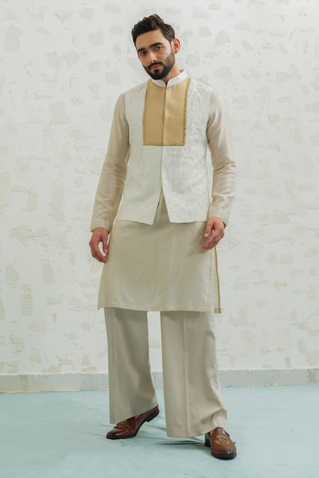 Runit Gupta_Ivory Chanderi Silk Embroidery Ochre Patch Semicircle Bundi _Online_at_Aza_Fashions