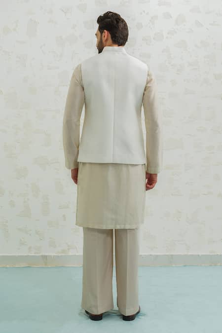 Shop Runit Gupta Ivory Chanderi , Vegan Ochre Patch Semicircle Bundi And Kurta Set at Aza Fashions Shop_Runit Gupta_Ivory Chanderi , Vegan Ochre Patch Semicircle Bundi And Kurta Set _at_Aza_Fashions