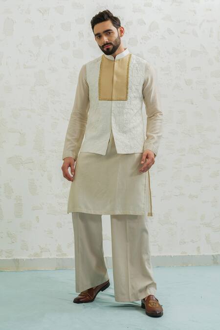 Runit Gupta Ivory Chanderi , Vegan Ochre Patch Semicircle Bundi And Kurta Set at Aza Fashions Runit Gupta_Ivory Chanderi , Vegan Ochre Patch Semicircle Bundi And Kurta Set _at_Aza_Fashions