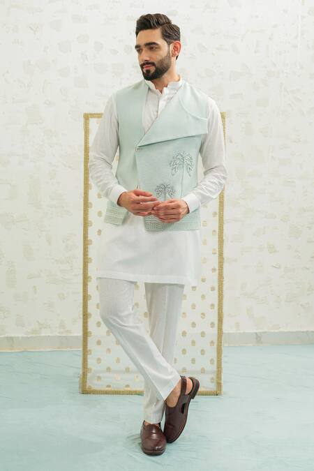 Runit Gupta_Blue Linen, Cotton Embroidery Flap Palm Bundi _Online_at_Aza_Fashions