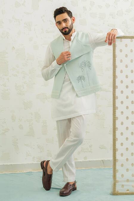 Runit Gupta_Blue Linen, Cotton Embroidery Flap Palm Bundi _at_Aza_Fashions