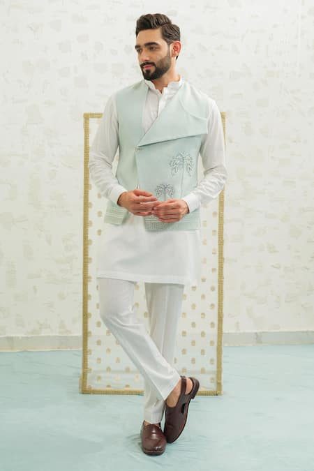 Runit Gupta Blue Linen, Cotton Embroidery Flap Palm Bundi And Kurta Set 