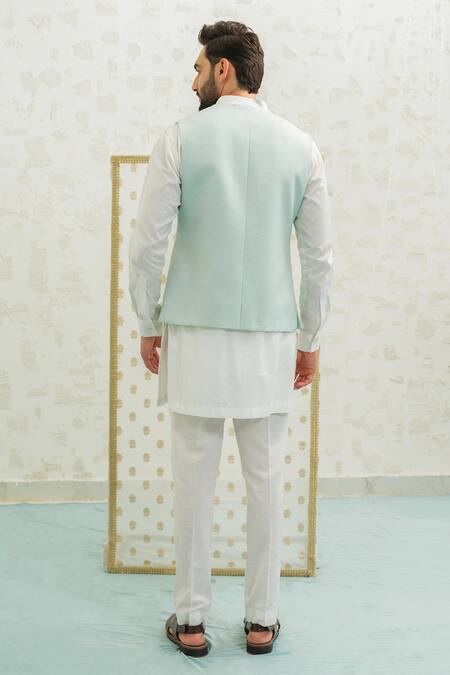Runit Gupta Flap Palm Blue Bundi & Kurta Set 