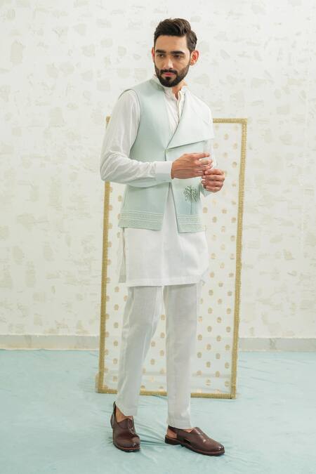 Shop_Runit Gupta_Blue Linen, Cotton Embroidery Flap Palm Bundi And Kurta Set _Online_at_Aza_Fashions