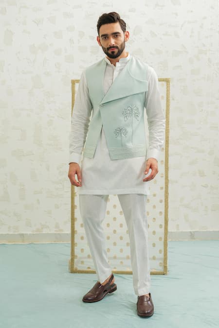 Runit Gupta_Blue Linen, Cotton Embroidery Flap Palm Bundi And Kurta Set _at_Aza_Fashions
