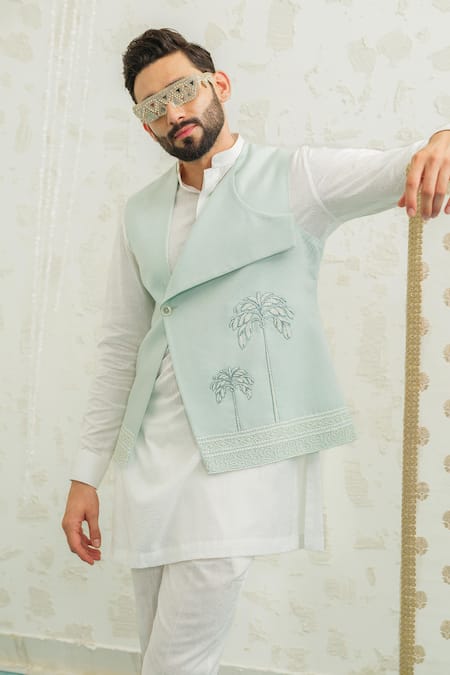 Shop_Runit Gupta_Blue Linen, Cotton Embroidery Flap Palm Bundi And Kurta Set 