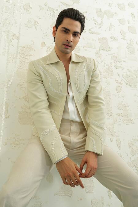 Runit Gupta_Mint Linen, Cotton Embroidery Crop Jodhpuri Suit Set _at_Aza_Fashions