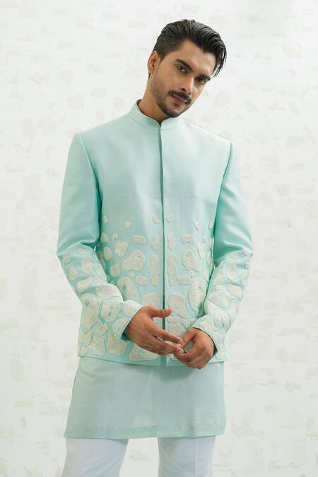 Runit Gupta_Aqua Vegan , Chanderi Embroidery Amoeba Blue Jodhpuri Set _Online_at_Aza_Fashions
