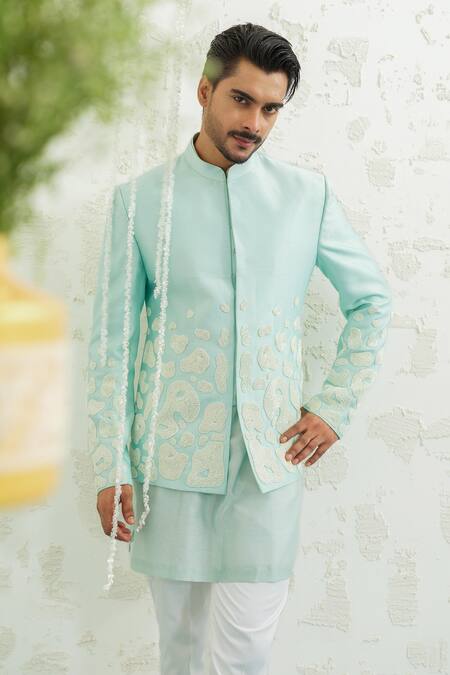 Buy_Runit Gupta_Aqua Vegan , Chanderi Embroidery Amoeba Blue Jodhpuri Set _Online_at_Aza_Fashions