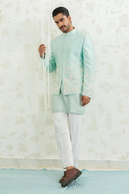 Shop_Runit Gupta_Aqua Vegan , Chanderi Embroidery Amoeba Blue Jodhpuri Set _Online_at_Aza_Fashions