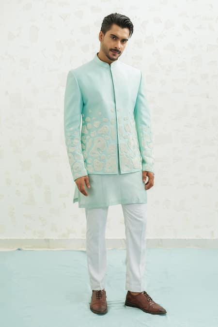 Runit Gupta Aqua Vegan , Chanderi Embroidery Amoeba Blue Jodhpuri Set 