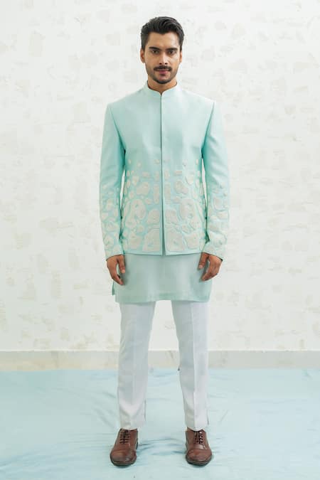 Runit Gupta_Aqua Vegan , Chanderi Embroidery Amoeba Blue Jodhpuri Set _at_Aza_Fashions