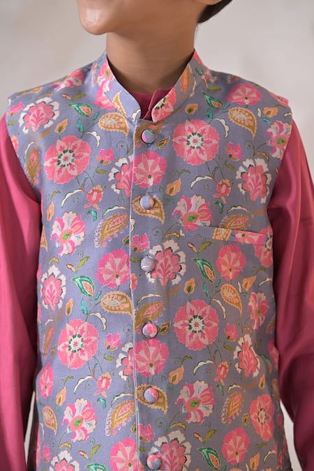 The Plum Bum_Pink Muslin, Silk, Cotton, Chanderi Floral Nehru Jacket And Kurta Set _Online_at_Aza_Fashions