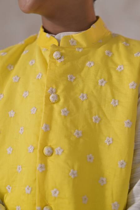 The Plum Bum_Off White Cotton, Silk, Chanderi Ombre Threadwork Nehru Jacket And Kurta Set _Online_at_Aza_Fashions