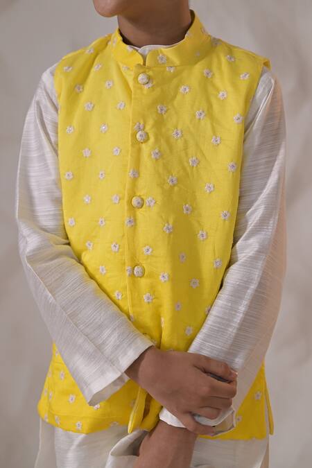Buy_The Plum Bum_Off White Cotton, Silk, Chanderi Ombre Threadwork Nehru Jacket And Kurta Set _Online_at_Aza_Fashions