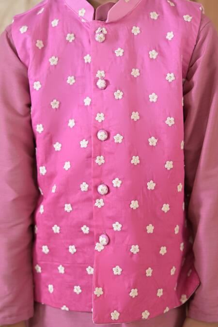 The Plum Bum_Purple Cotton, Silk, Gingham, Chanderi Ombre Threadwork Nehru Jacket And Kurta Set _Online_at_Aza_Fashions