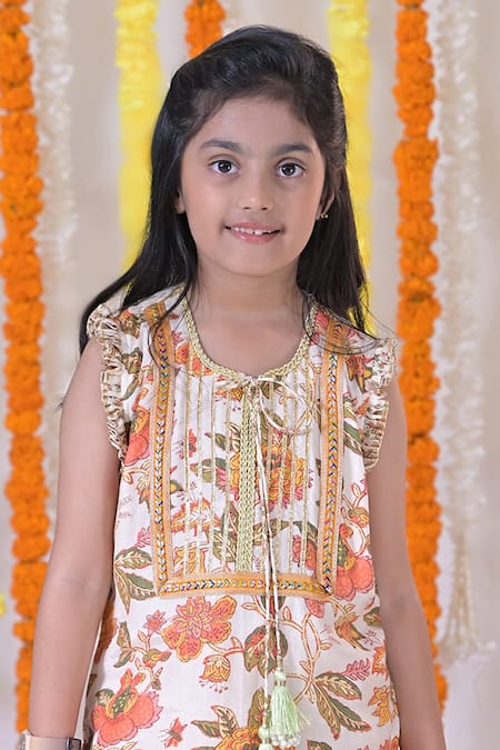 The Plum Bum_Multi Color Muslin, Net Embroidery, Floral Print Kurta Flared Palazzo Set _Online_at_Aza_Fashions