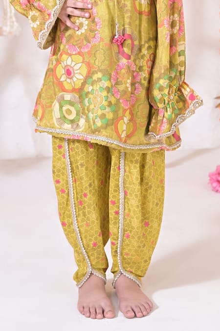 The Plum Bum_Green Muslin Pearls, Embroidery Floral Print Kurta And Dhoti Pant Set _Online_at_Aza_Fashions