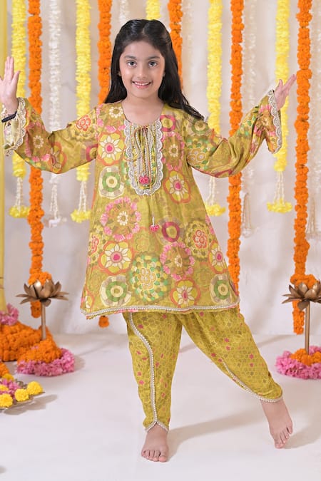 Shop_The Plum Bum_Green Muslin Pearls, Embroidery Floral Print Kurta And Dhoti Pant Set _Online_at_Aza_Fashions