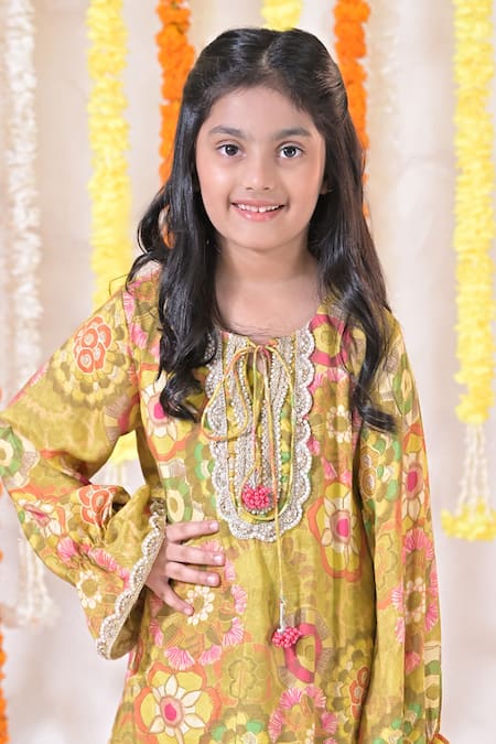 The Plum Bum_Green Muslin Pearls, Embroidery Floral Print Kurta And Dhoti Pant Set _at_Aza_Fashions