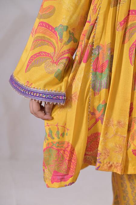 Shop_The Plum Bum_Yellow Satin, Linen, Chiffon Embroidery, Floral Pleated Kurta Set With Dupatta _Online_at_Aza_Fashions