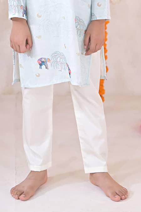 The Plum Bum_Blue Linen, Satin Animal Print Kurta And Solid Pant Set _Online_at_Aza_Fashions