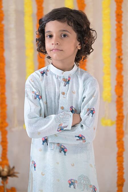 Shop_The Plum Bum_Blue Linen, Satin Animal Print Kurta And Solid Pant Set _Online_at_Aza_Fashions