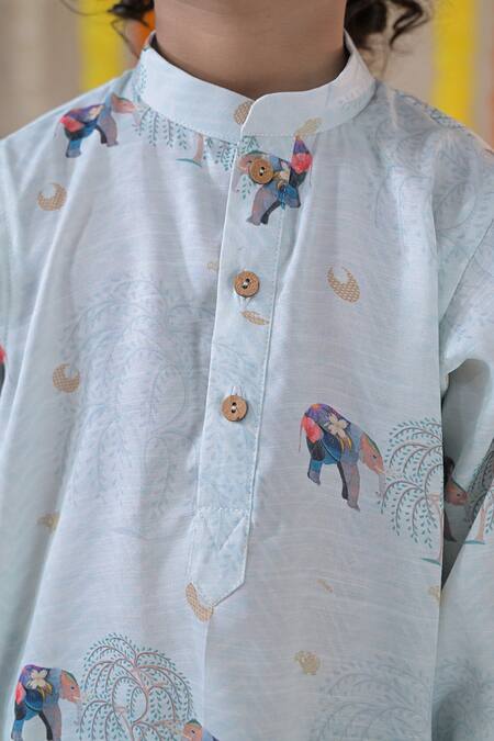 The Plum Bum_Blue Linen, Satin Animal Print Kurta And Solid Pant Set _at_Aza_Fashions