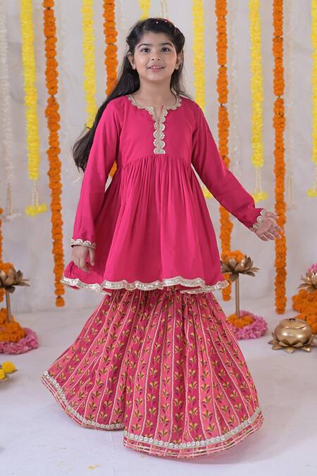 The Plum Bum_Fuchsia Muslin, Net Lace, Gota Patti Gathered Kurta Printed Sharara Set _Online_at_Aza_Fashions