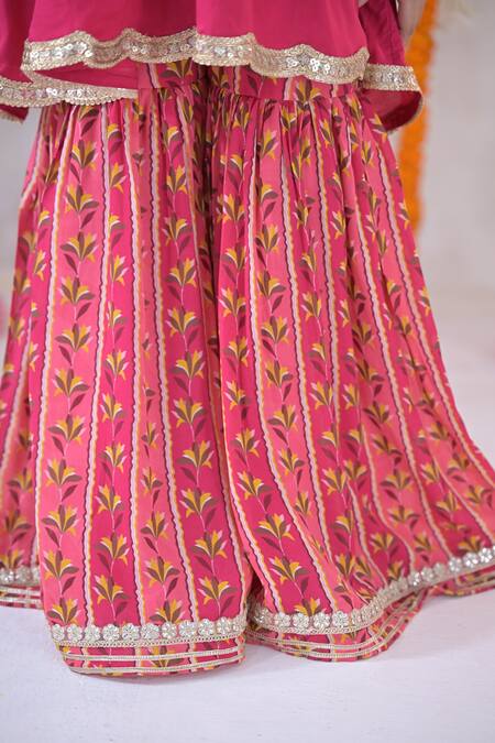 Buy_The Plum Bum_Fuchsia Muslin, Net Lace, Gota Patti Gathered Kurta Printed Sharara Set _Online_at_Aza_Fashions