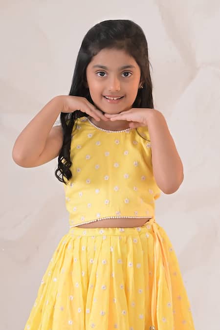 Buy_The Plum Bum_Yellow Chanderi Embroidery, Pearls Ombre Shaded Detailed Lehenga And Blouse Set _Online_at_Aza_Fashions