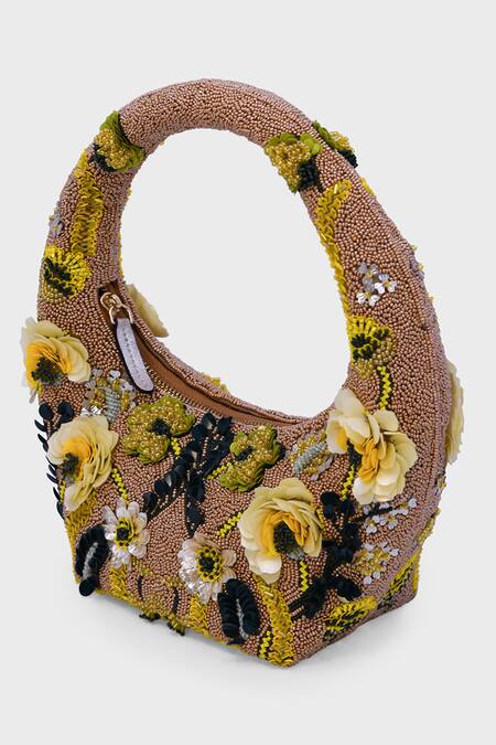 Shop_Versuhz_Gold Beads, Sequins, Fabric Bloom Hand Beaded 3d Floral Bag _Online_at_Aza_Fashions