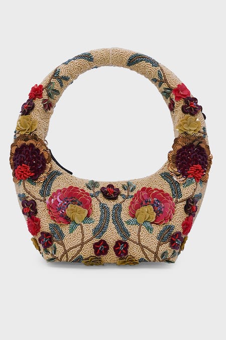 Buy_Versuhz_Beige Beads, Sequins, Applique, Embroidery Scarlet Garden Beaded 3d Floral Bag _Online_at_Aza_Fashions