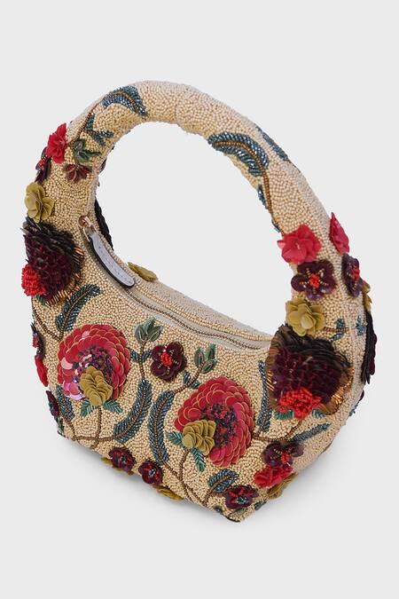 Shop_Versuhz_Beige Beads, Sequins, Applique, Embroidery Scarlet Garden Beaded 3d Floral Bag _Online_at_Aza_Fashions