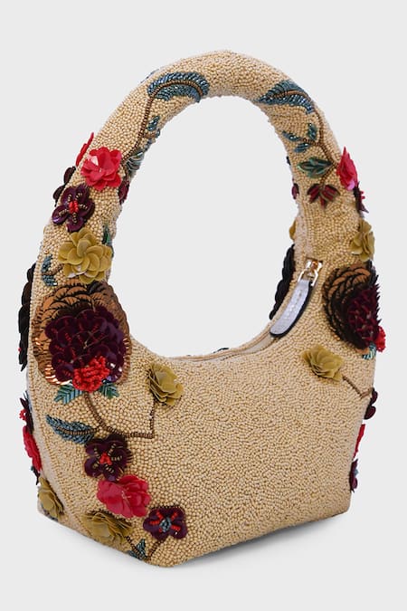 Versuhz_Beige Beads, Sequins, Applique, Embroidery Scarlet Garden Beaded 3d Floral Bag _at_Aza_Fashions
