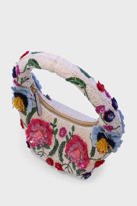 Buy_Versuhz_Off White Applique, Hand-beaded 3d Floral Bag _Online_at_Aza_Fashions