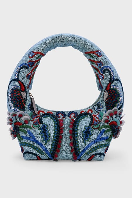 Shop_Versuhz_Blue Beads, Sequins, Fabric Flowers Ocean Crest Beaded And Shoulder Bag _Online_at_Aza_Fashions
