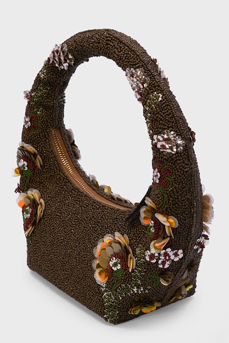 Buy_Versuhz_Gold Beads, Sequins Amber 3d Floral Embellished Bag _Online_at_Aza_Fashions