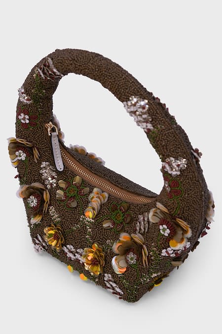 Versuhz_Gold Beads, Sequins Amber 3d Floral Embellished Bag _at_Aza_Fashions