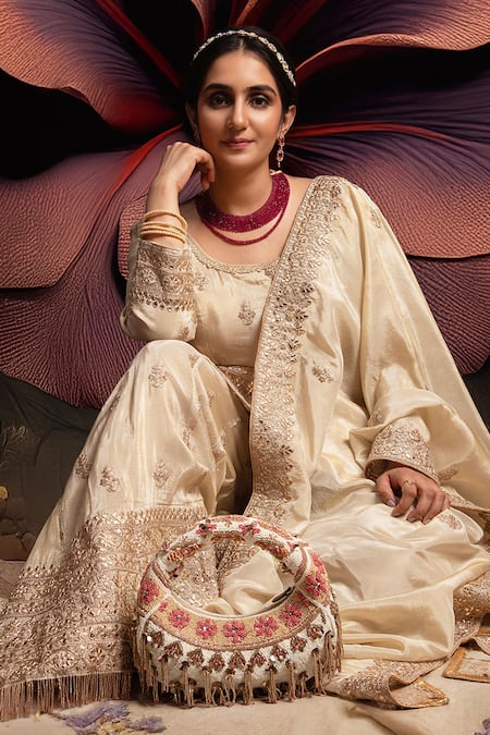 Versuhz_Cream Beads, Sequins, Beaded 3d Floral Bag _at_Aza_Fashions