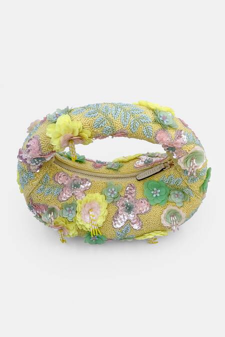 Versuhz_Yellow Beads, Hand Beaded Floral Bag _Online_at_Aza_Fashions