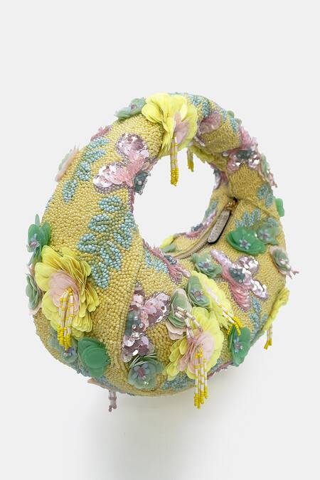 Versuhz_Yellow Beads, Hand Beaded Floral Bag _at_Aza_Fashions
