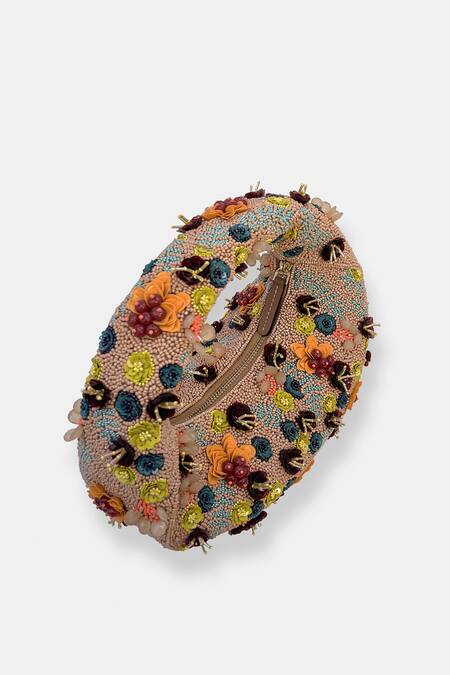 Versuhz_Multi Color Beads, Fabric Flowers Beaded Bag _at_Aza_Fashions