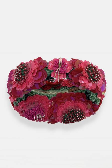 Versuhz_Red Sequins, Pearls, Beads, Crimson Floral Beaded Bag _at_Aza_Fashions